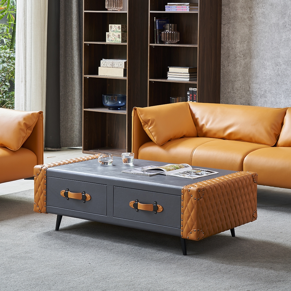 Modern Coffee Table with Drawers Rectangular Leather Accent Table window image