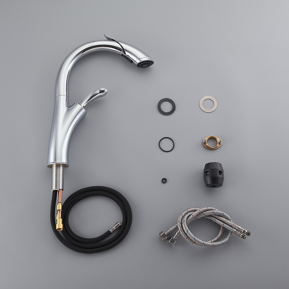 Mono Robinet de Cuisine Poignée Unique à Tirer vers Le Bas Robinet à Arc Élevé Chrome cUPC Certifié image de fenêtre