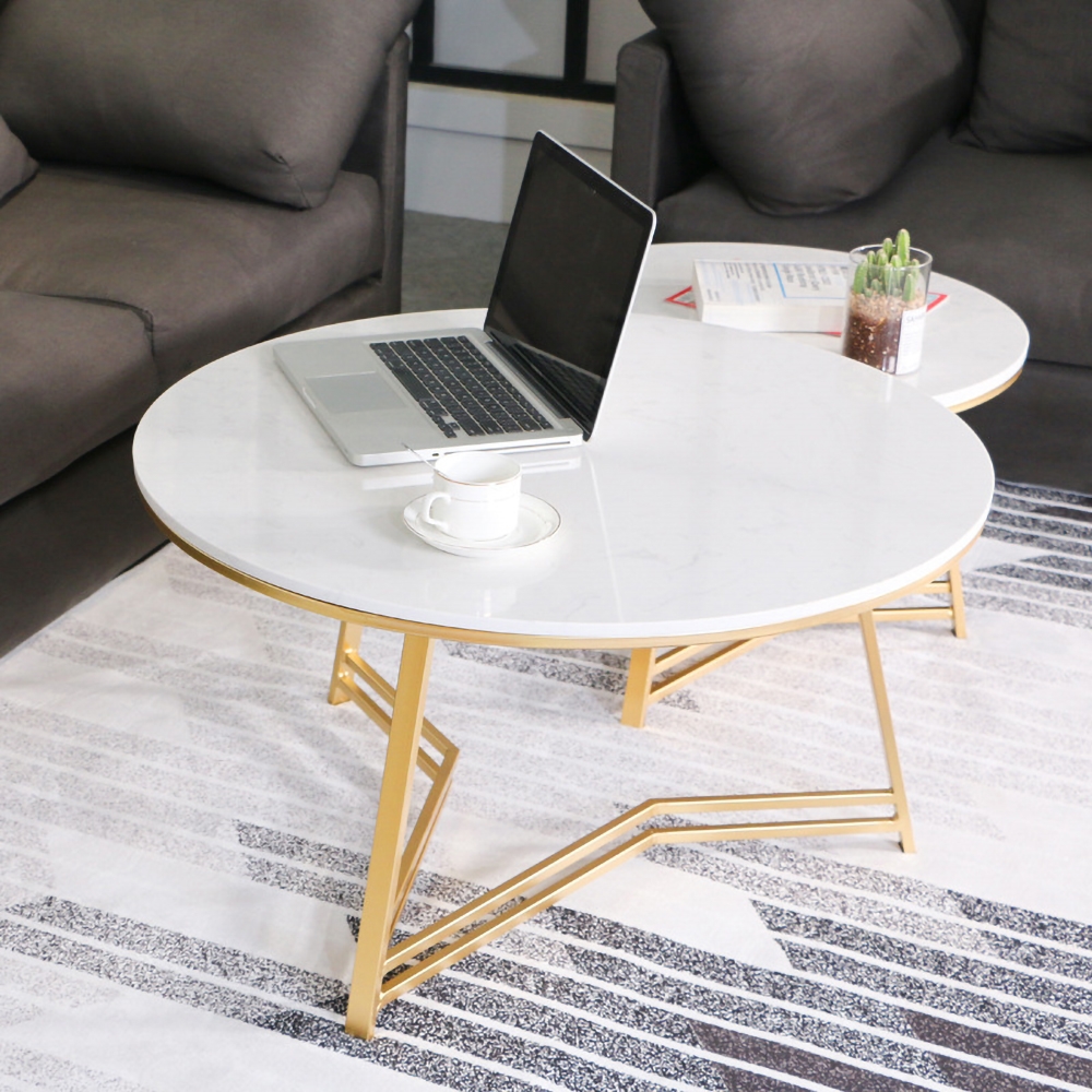 Modern Round Coffee Table Set of 2 with Marble Tabletop Metal Legs window image