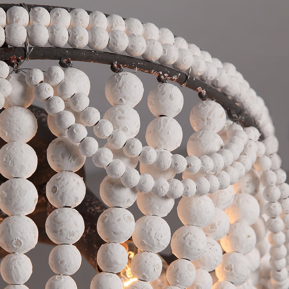 Retro Farmhouse Distressed Wood Bead 3-Light Dome Shaped Flush Mount Ceiling Light in White window image
