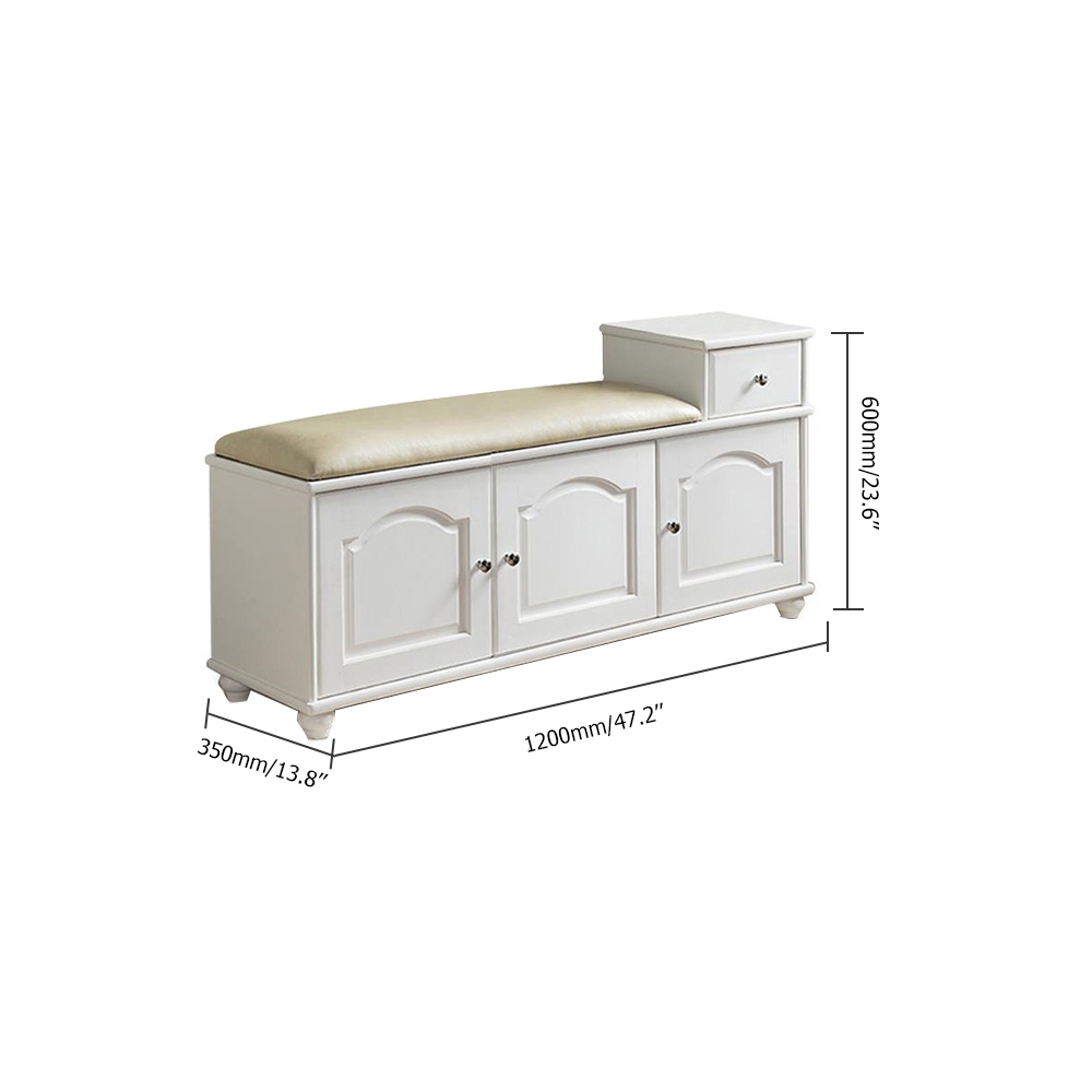 1200mm White Genuine Leather Upholstered Bench with Shoe Cabinet 3-Door Shoe Organizer window image