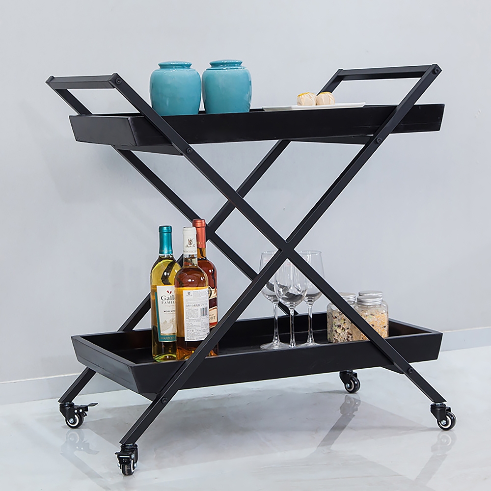 23.6" 2-Tier Rolling Serving Bar Cart with Handle X Frame Black Metal window image