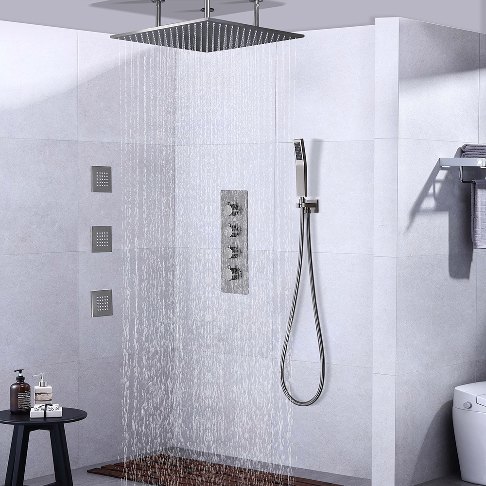 Modern Rain Thermostatic Brushed Nickel Shower Tap Flush Mount Shower System with Hand Shower & Body Jets Solid Brass window image