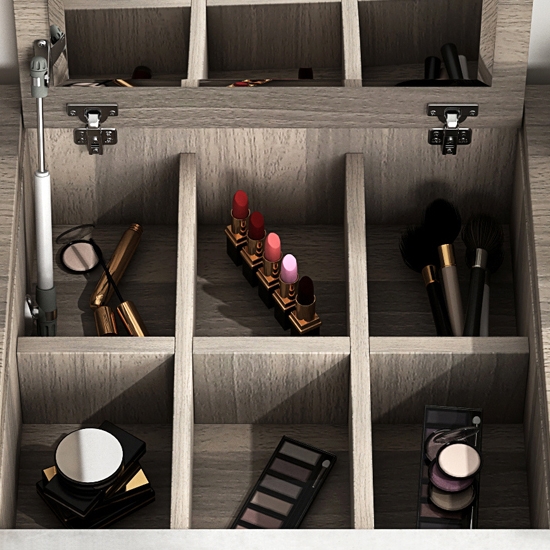 Moderne Scandinavische grote make-up kaptafel en zijopbergmeubel met spiegelspiegel en opbergkast in cementgrijs Vensterafbeelding