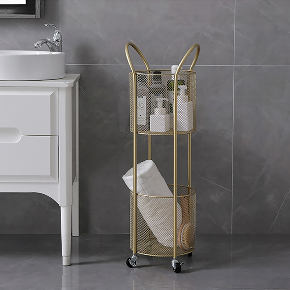 Gold Modern Metal Shelving for Bathroom Storage with 2-Tier Shelf and 4 Wheel window image