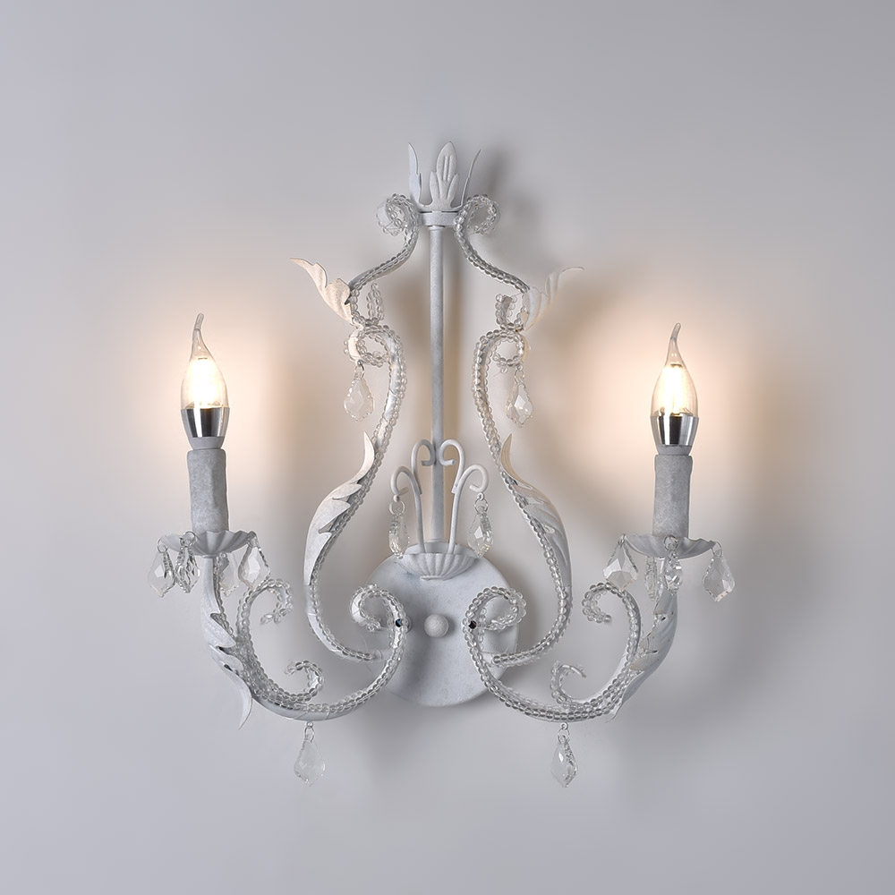 French Country Clear Crystal Beads 2-Light Indoor Wall Sconce in Antique White window image