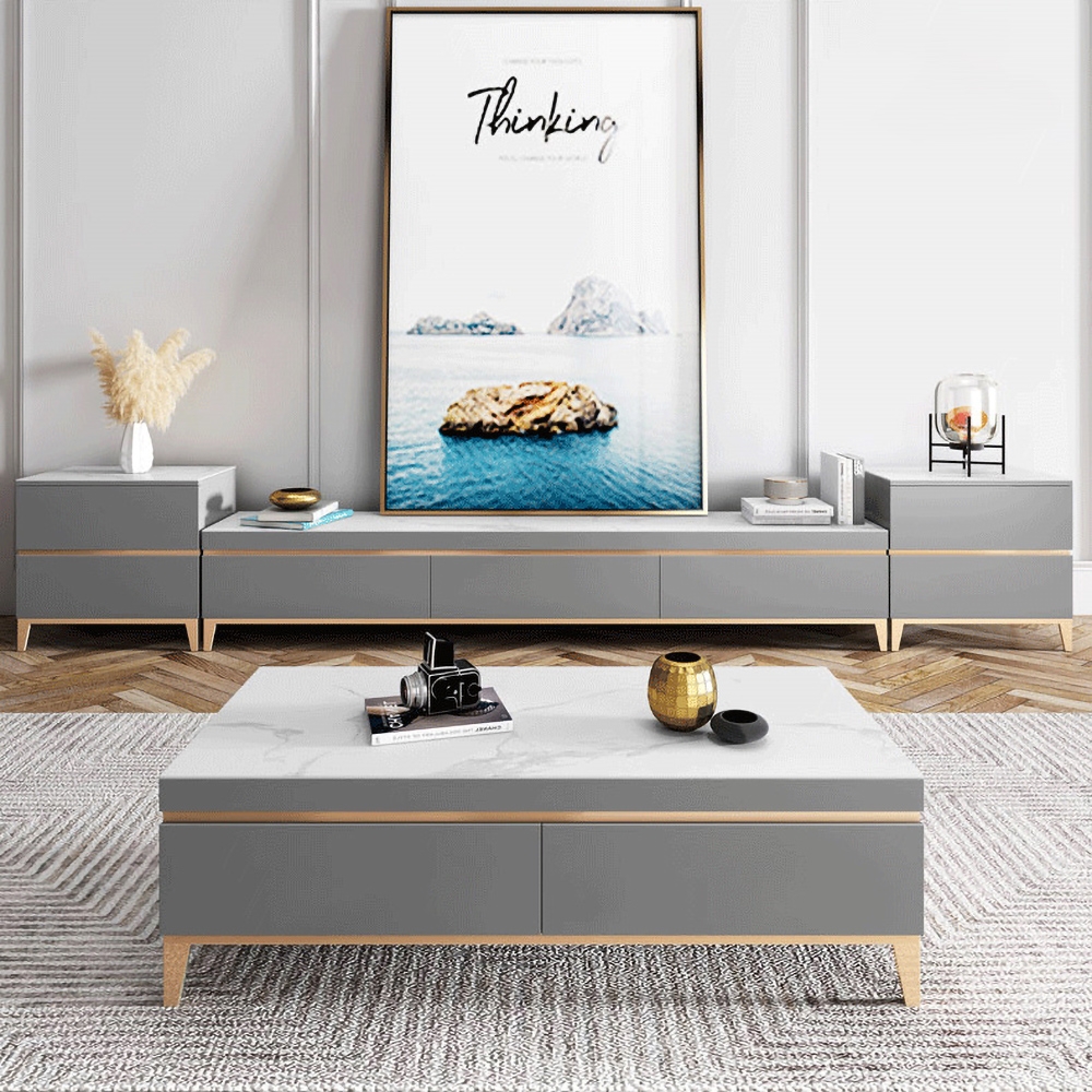 Moderne grijze salontafel met rechthoekige accenttafel Vensterafbeelding