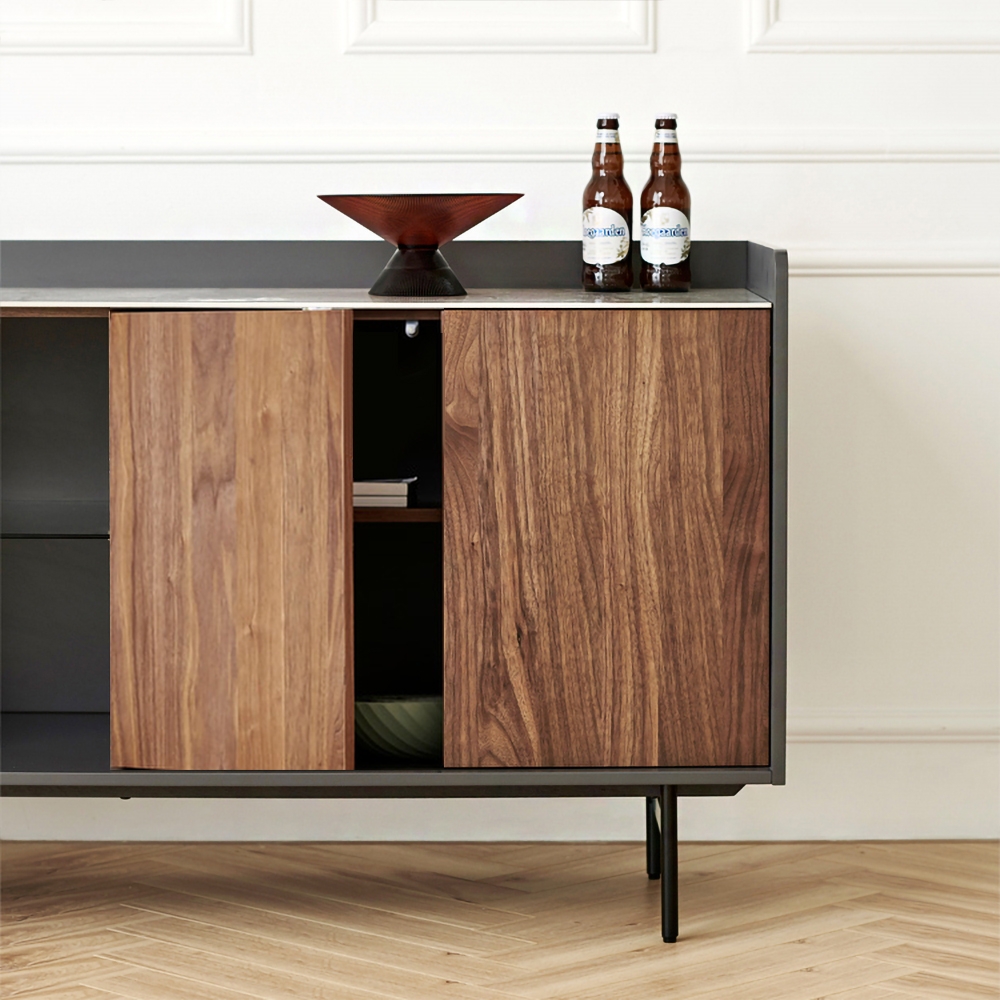 59" Walnut Sideboard Buffet Ceramics Top with Doors & Adjustable Shelves in Carbon Steel Legs window image