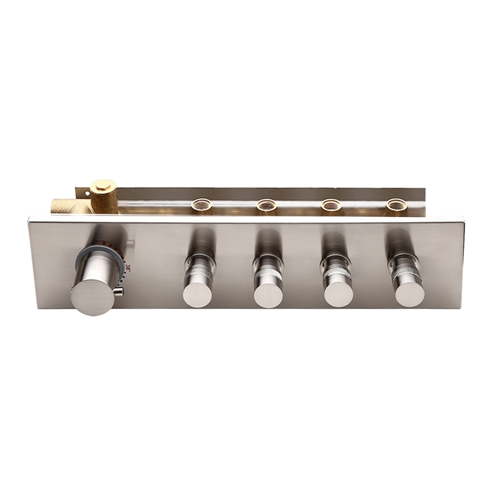 Válvula de ducha vertical moderna termostática de 4 funciones de latón macizo con pomos redondos acabados en níquel cepillado Imagen de ventana