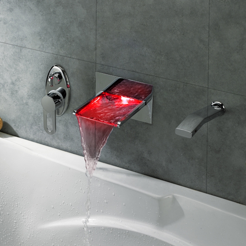Koko Modern Polished Chrome Wall Mounted LED Waterfall Roman Tub Filler Faucet Hand Shower Set Solid Brass window image