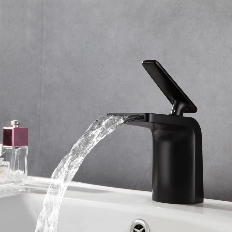 Contemporary Waterfall Bathroom Sink Faucet Single Handle One-Hole Sink Faucet in Matte Black window image