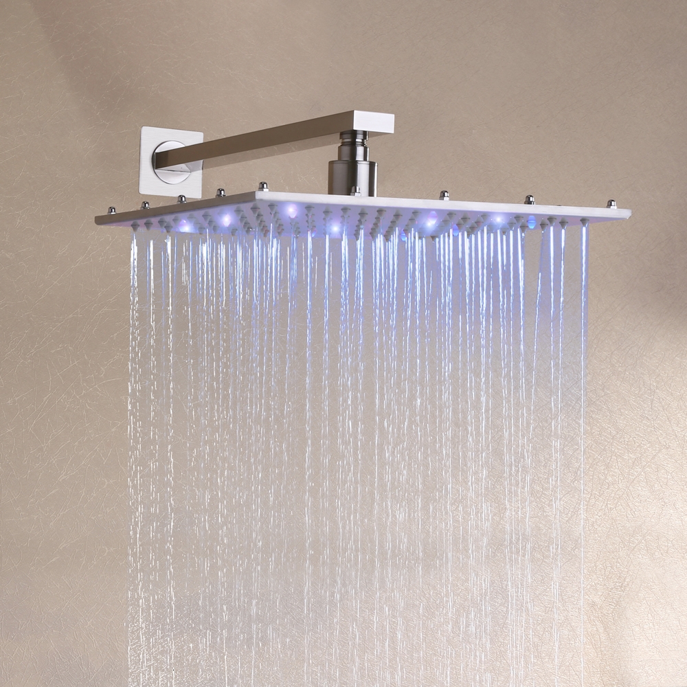 Contemporary 16X32 Inches Brushed Nickel Wall Mounted LED Thermostatic Rainfall Shower System with Hand Shower & Tub Spout window image