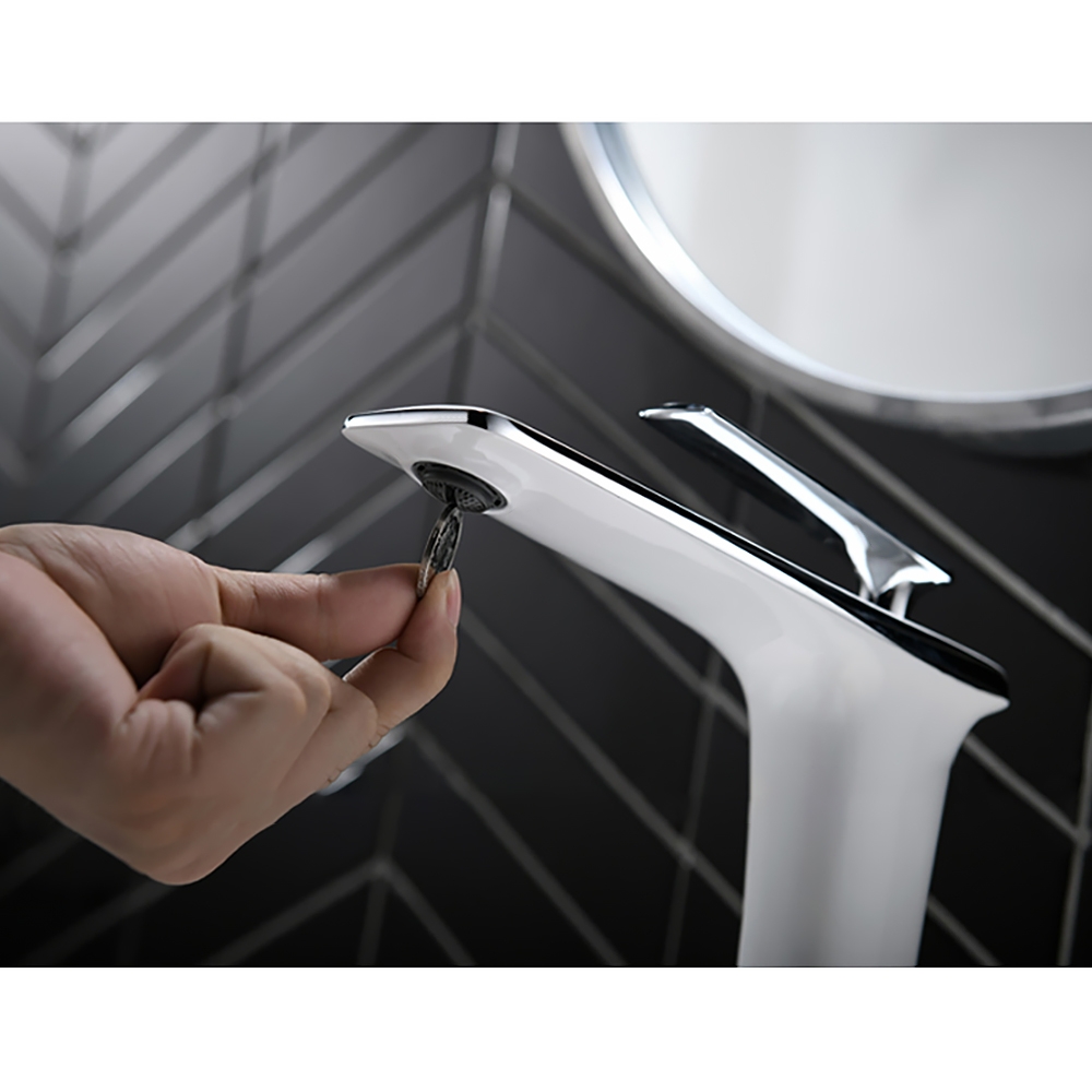 Modern White and Chrome Single Hole Single Handle Brass Vessel Bathroom Sink Faucet window image