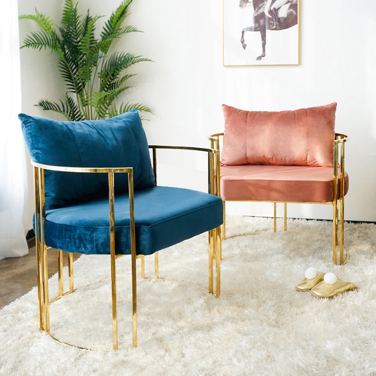 Gold Accent Chair Blue Velvet Barrel Chair with Pillow Back & Cushion Stainless Steel Frame window image
