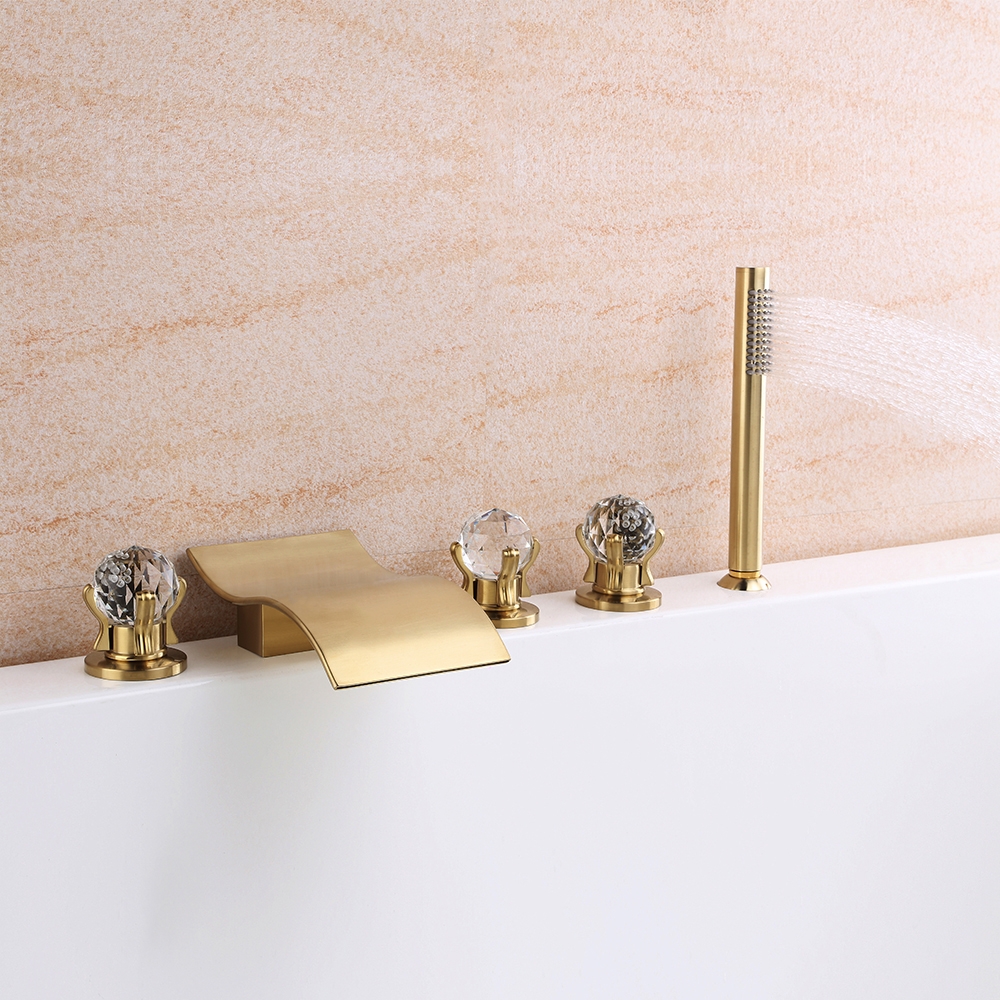 Deck Mounted Waterfall 5 Hole Filler Mixer Tap with Hand Shower Triple Crystal Handle window image