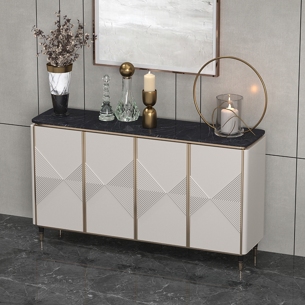 63" White Sideboard Buffet Black Faux Marble Top with Doors & Shelves Gold Finish in Large window image