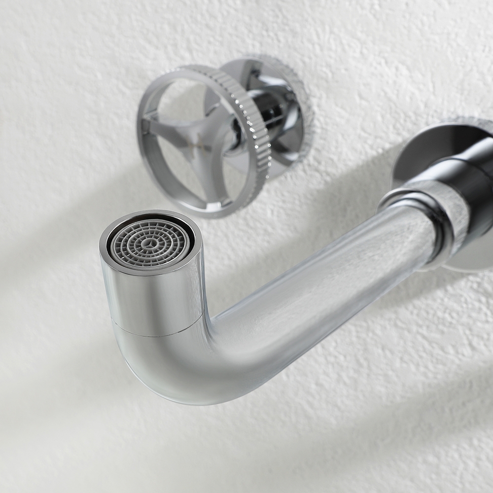 Ave Industrial Wall Mount Bathroom Mixer Tap 2 Wheel Handles Solid Brass in Chrome window image