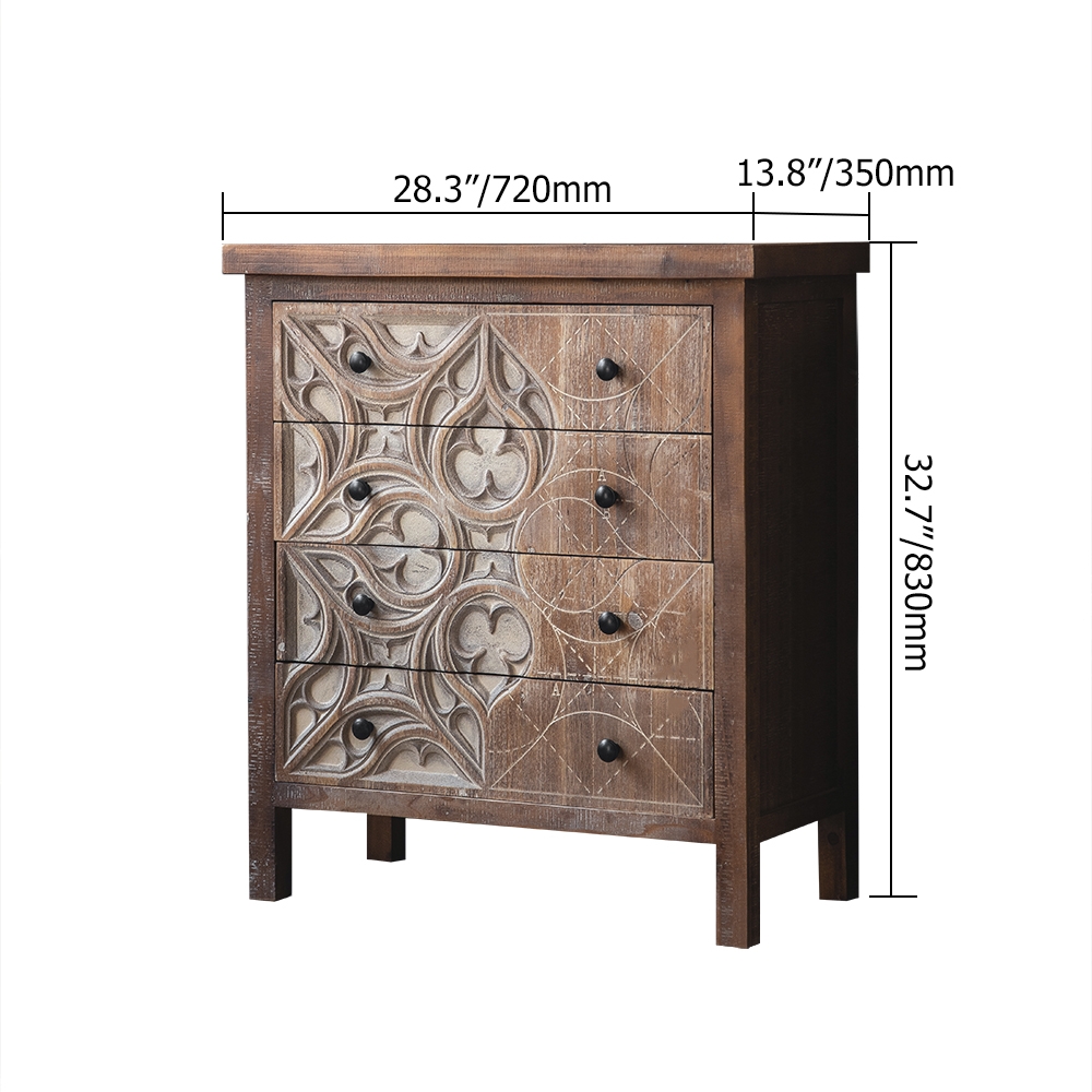 Rustic Walnut Cabinet Carved and Painted Patterns Chest of 4 Drawers window image