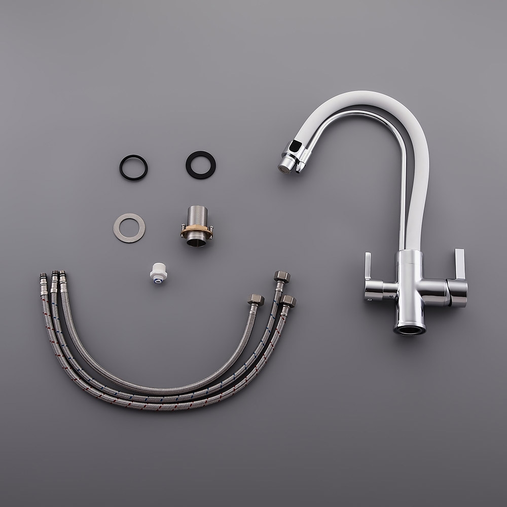 Modern Dual White Pull-Down Spray Filter Water Tap Monobloc Kitchen Tap Double Lever Handles in Chrome Finish window image