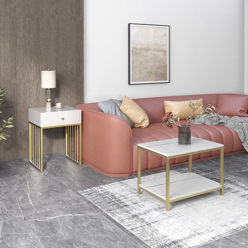 Modern Side Table Nesting End Table with Shelf & Drawer in Gold & White Sintered Stone window image