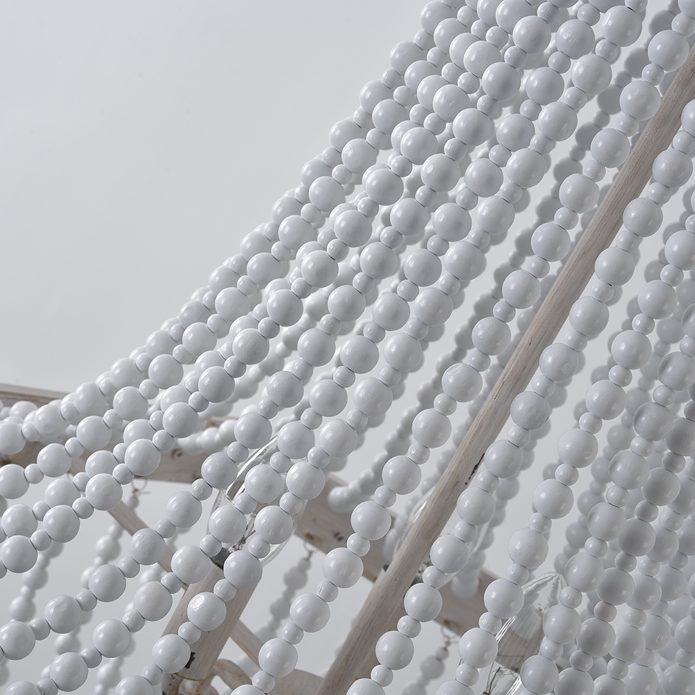 Farmhouse French Country Distressed White Wood Draped Beaded Chandelier Basket 6-Light Ceiling Light window image