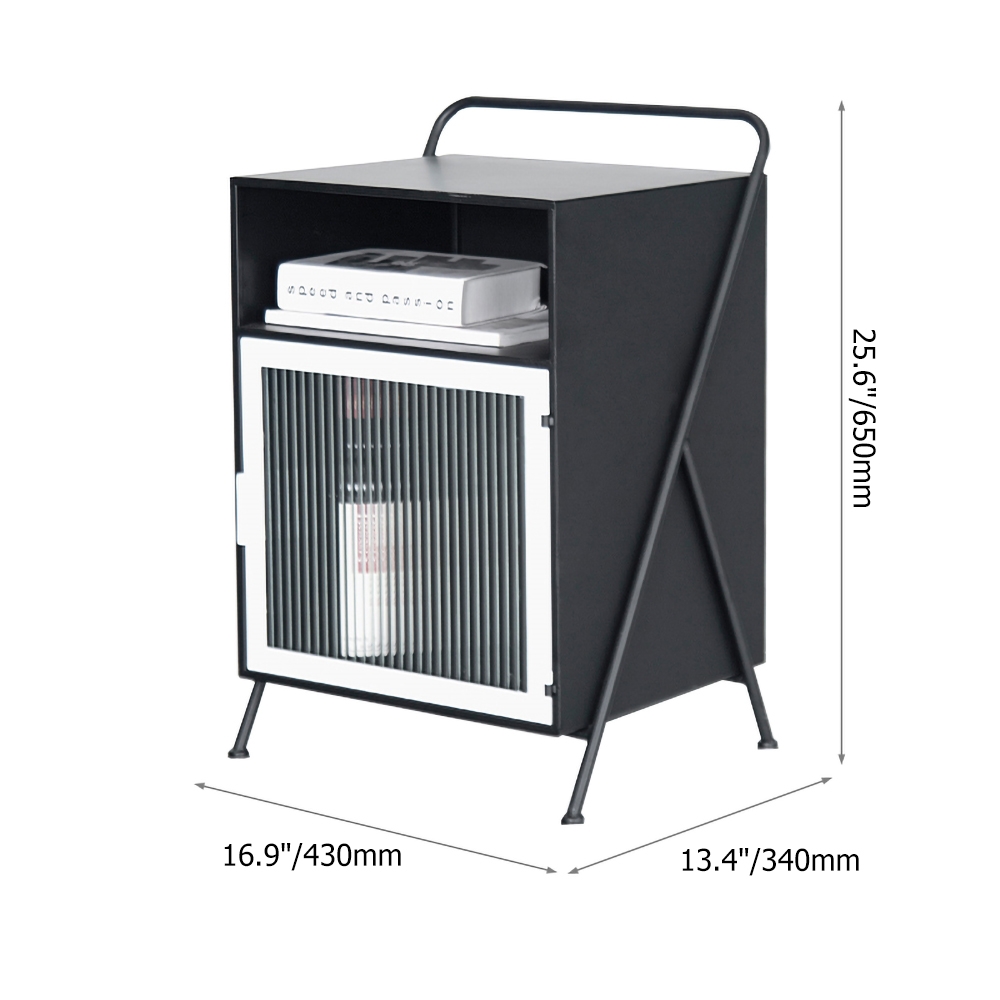 Black Square End Table with Glass Door & Open Storage Metal Bedside Table window image