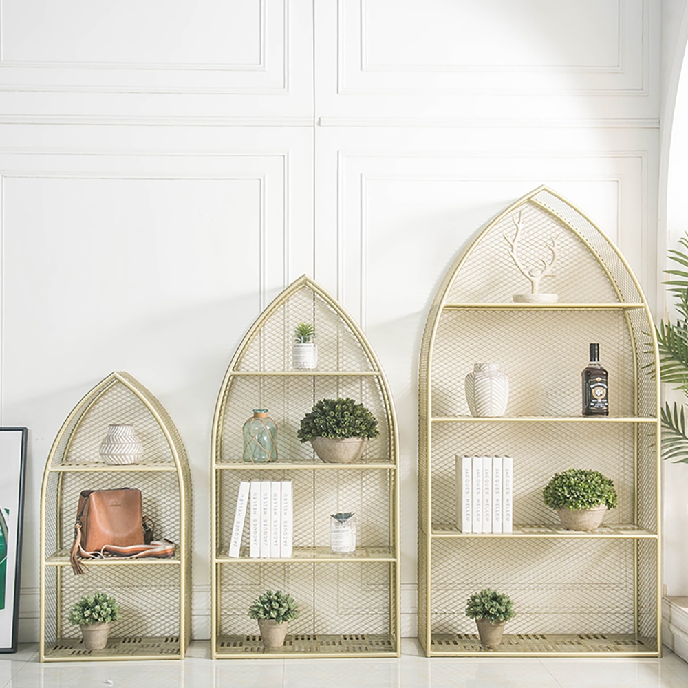 Contemporary Metal Mesh 3-Tier Etagere Bookshelf in Gold window image
