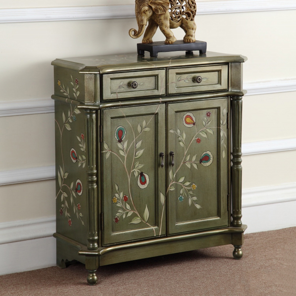 762mm Vintage Distressed Green Sideboard Antique Pulls with 2 Doors 2 Drawers 1 Shelf window image