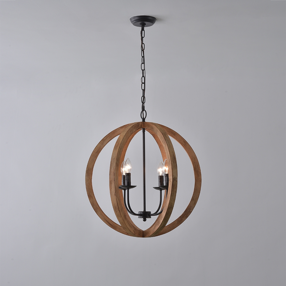 Rustic Vintage 4 Lights Brown Wood Globe Orb Chandelier Rust Metal Candle Light window image