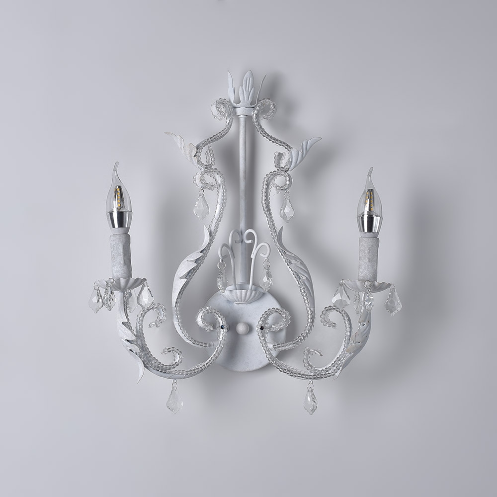 French Country Clear Crystal Beads 2-Light Indoor Wall Sconce in Antique White window image