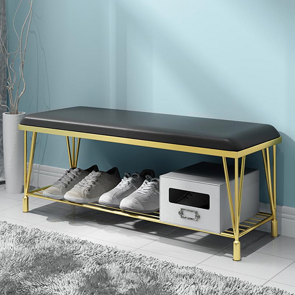 Black Storage Entryway Bench Upholstered PU Leather Modern Bench with Shelf in Gold window image