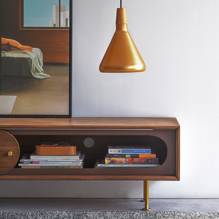 Rustic 72" Wood TV Stand with Storage Rectangular Media Cosole with Sliding Door in Walnut & Brass window image