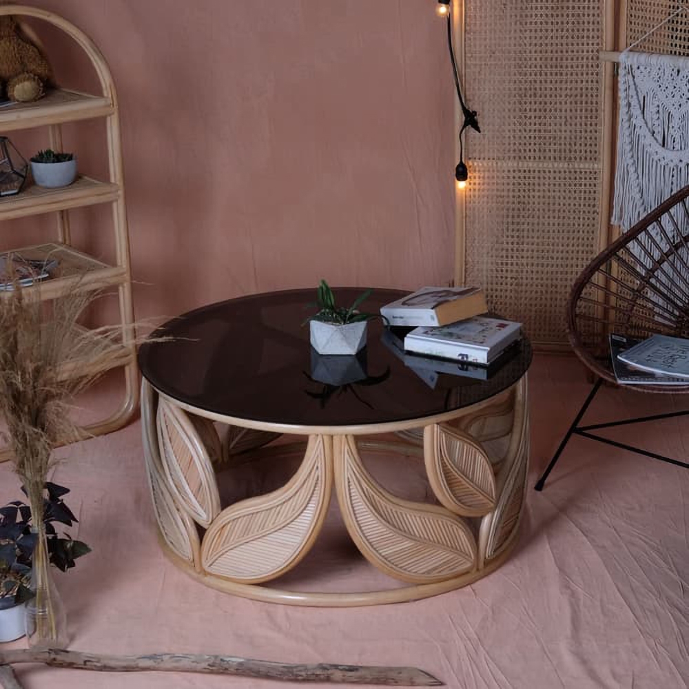 Rustic Coffee Table with Tempered Glass Top Retro Accent Table window image