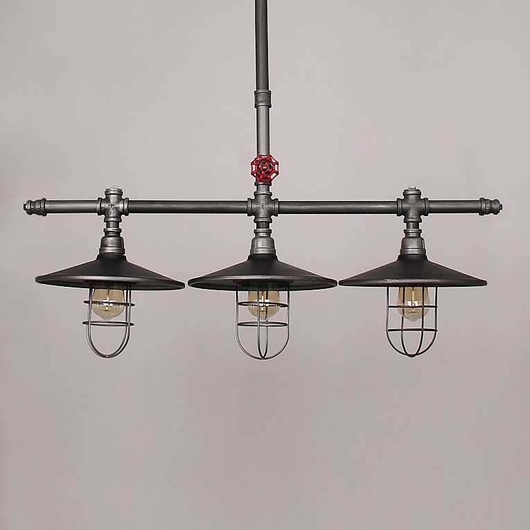 Enoch Industrial Loft Metal Water Pipe Cone Shade 3-Light Linear Island Pedant Light with Wire Cage in Gray window image