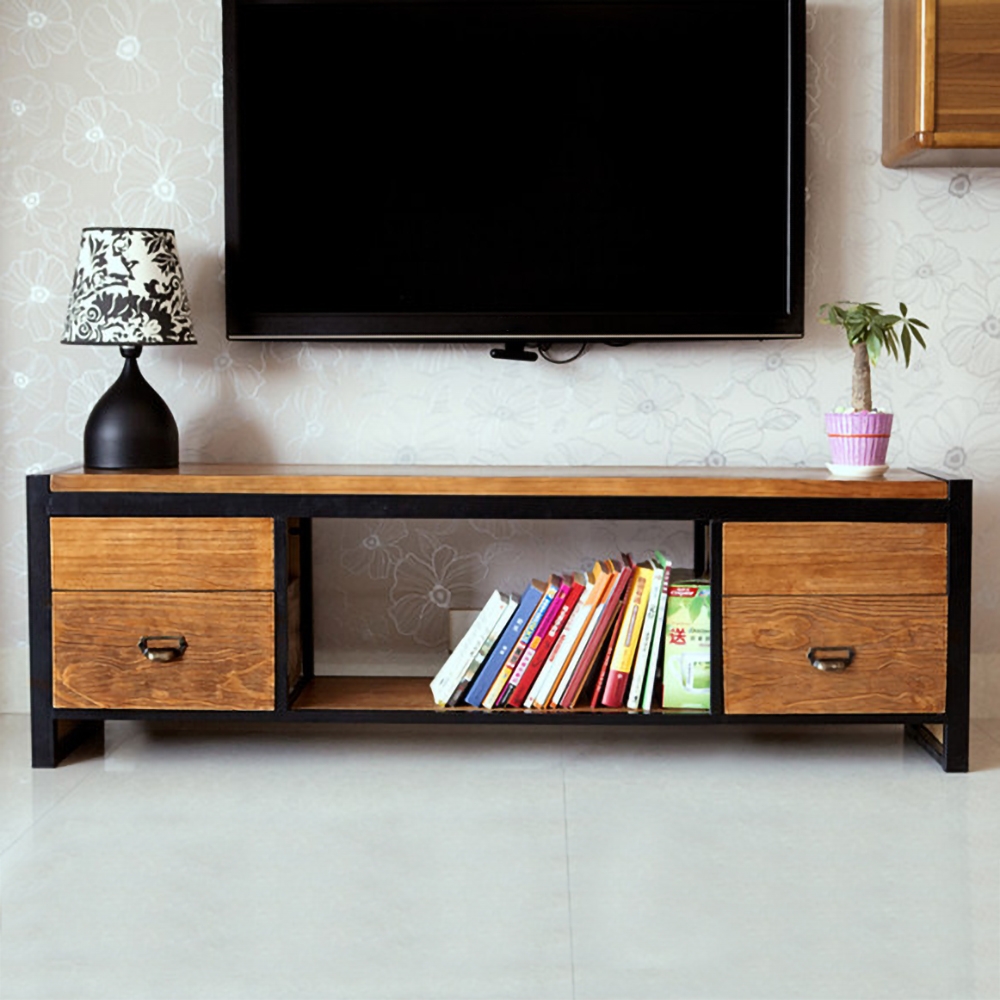 59" Industrial Loft TV Stand with Drawers Rectangular TV Consol Metal in Black window image