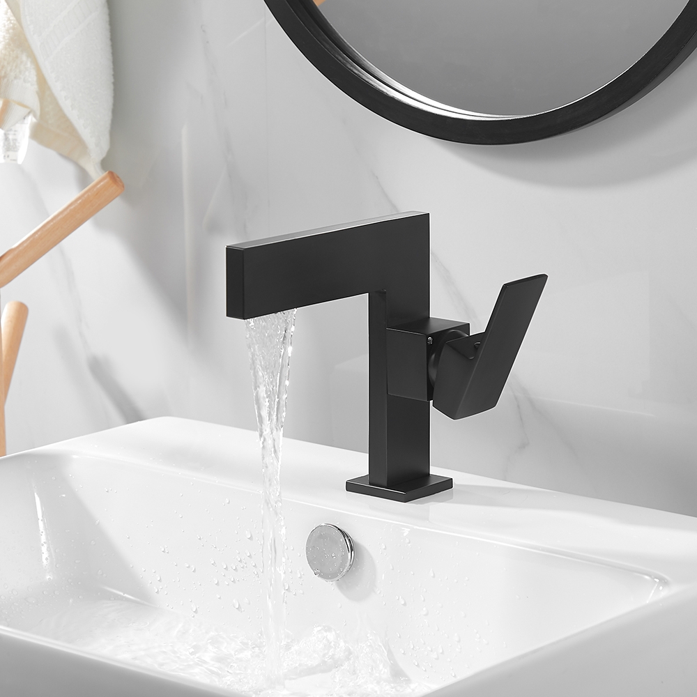 Ultra-Thin Matte Black Single Handle Waterfall Bathroom Sink Faucet Solid Brass 1-Hole window image