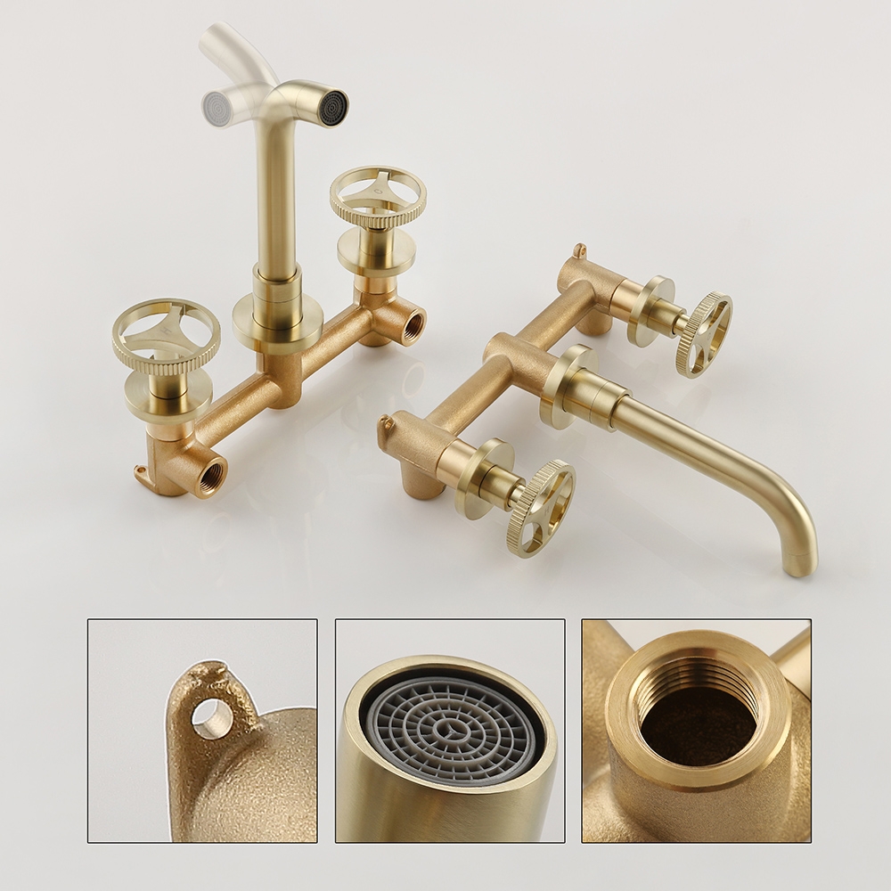 Ave Industrial Wall Mount Bathroom Sink Faucet Brushed Gold 2 Wheel Handles Solid Brass window image
