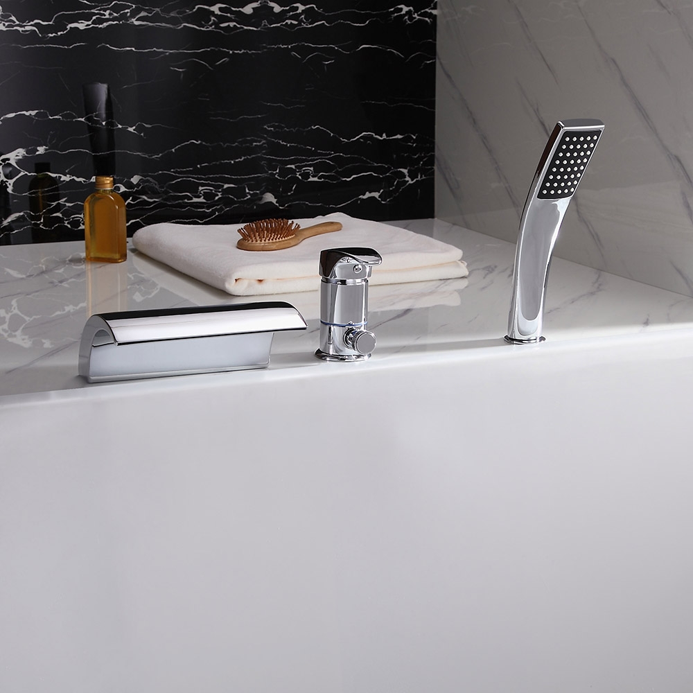 Victoria Deck Mount Single Handle Waterfall Roman Tub Faucet with Handheld Shower in Polished Chrome window image