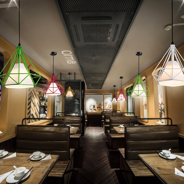 Pagoda Modern Plum Metal Geometric Framework Pendant Light with Fabric Shade Medium window image