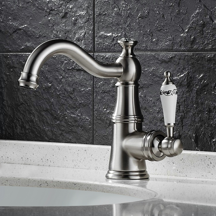 Karon Classic Victorian Style 1-Hole Bathroom Sink Faucet White Single Porcelain Lever in Brushed Nickel Solid Brass window image