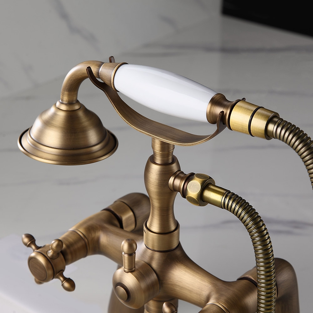 Montag Vintage Deck Mounted 2-Handle Antique Brass Tub Faucet with Hand Shower Solid Brass window image