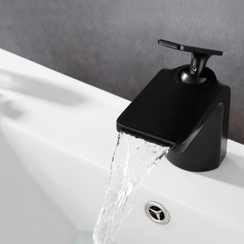 Contemporary Waterfall Bathroom Sink Faucet Single Handle One-Hole Sink Faucet in Matte Black window image