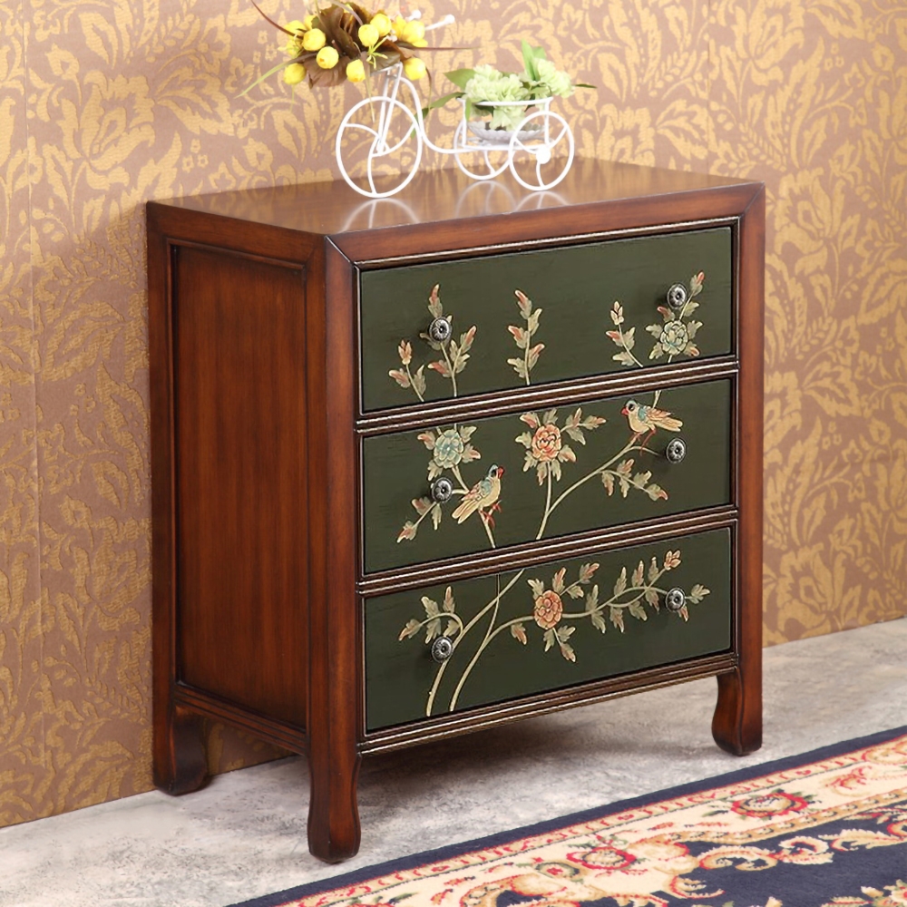 Rustic Walnut&Green Cabinet Floral Accent Chest with 3 Drawers window image