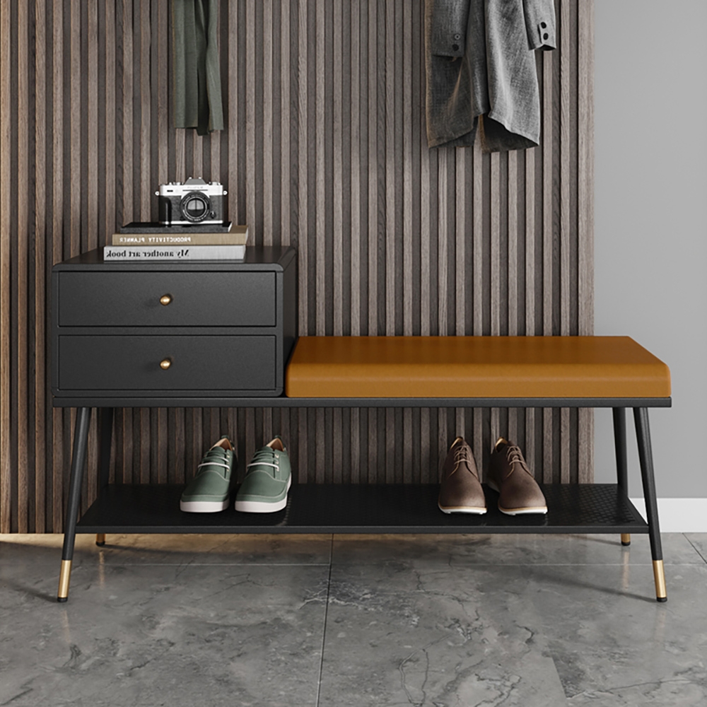 Contemporary Shoe Storage Bench with Shelf & 2 Drawers in Ginger Yellow window image