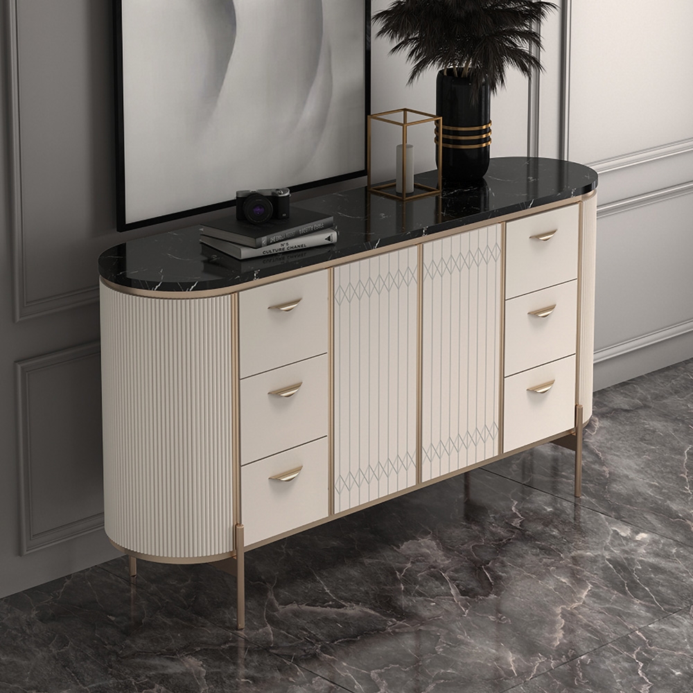 63" White Sideboard Buffet Faux Marble Top Kitchen Cabinet with Doors Adjustable Shelves Drawers window image