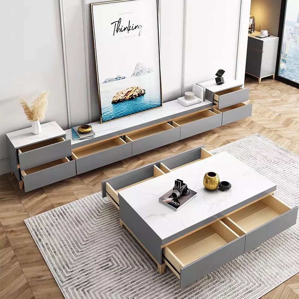 Moderne grijze salontafel met rechthoekige accenttafel Vensterafbeelding