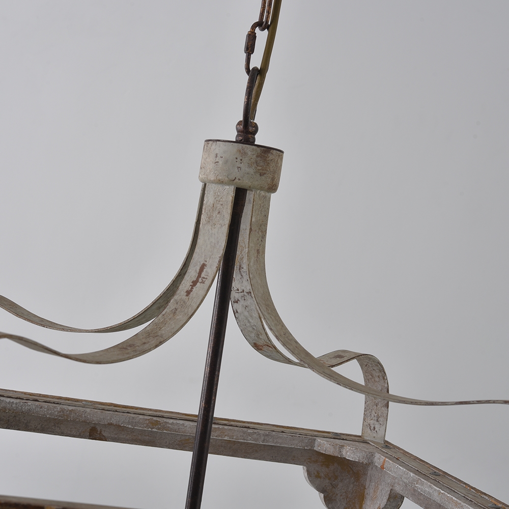 French Country 6-Light Square Lantern Chandelier Metal and Wood in Antique Gray & Antique Gold