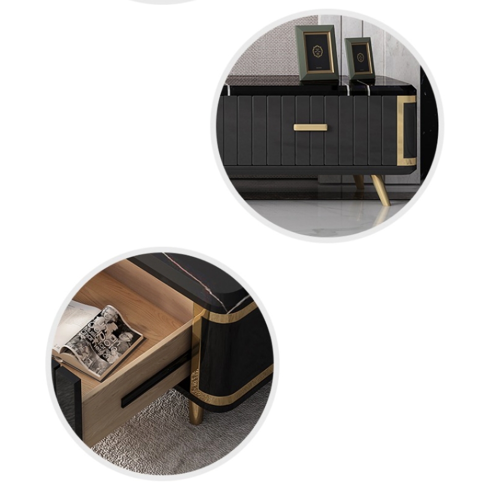 Black Extendable TV Stand Entertainment Cabinet with Storage Faux Marble TV Stand window image