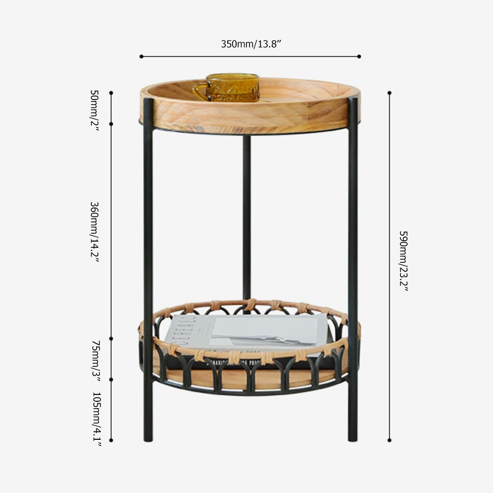 Farmhouse Wood Side Table with Shelf Rattan Woven Round End Table window image
