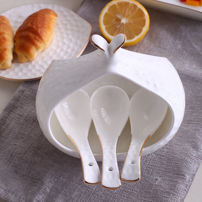 Contemporary Embossed White Utensil Organizer Kitchen Ceramic Utensil Holder with Gold Rim window image